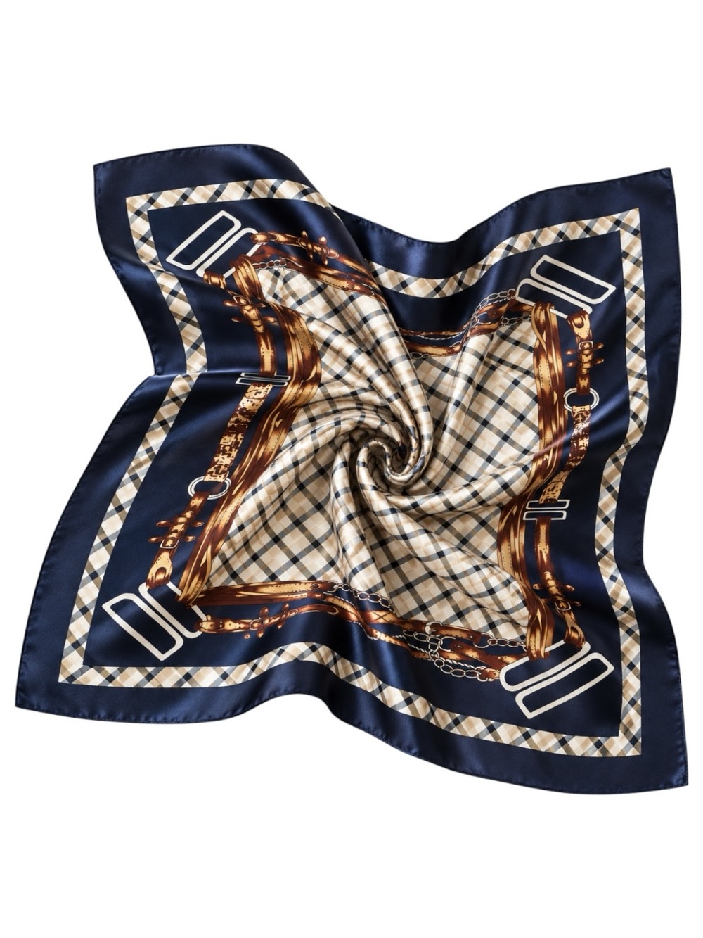 NEW Oversized Equestrian Plaid Scarf Navy Tan Belt Chain Print 35x34